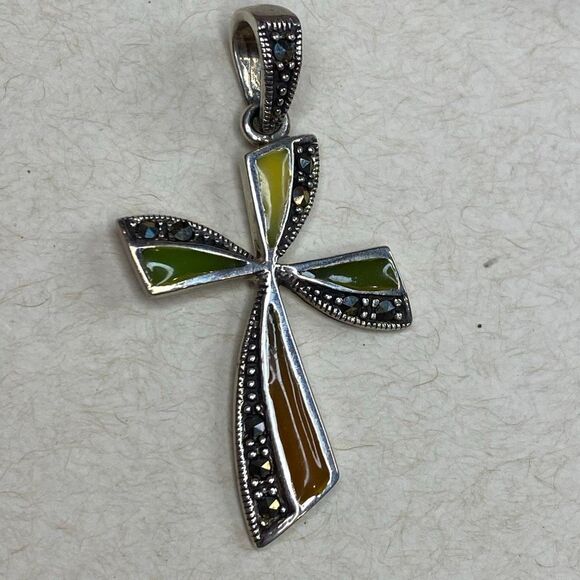 Vtg Marsala Sterling Silver Marcasite Cross Pendant Signed - Picture 2 of 5